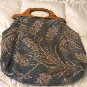 Vintage wooden handled carpet bag lined